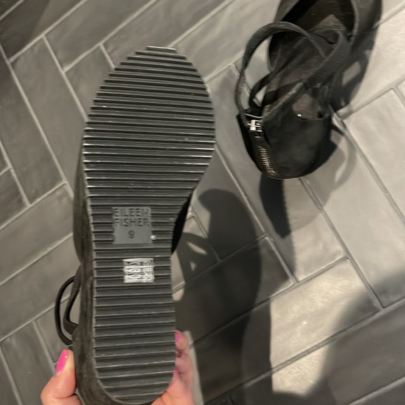 Black suede Eileen Fisher platform open toed shoes. Worn one time. Very comfy! - Picture 3 of 4